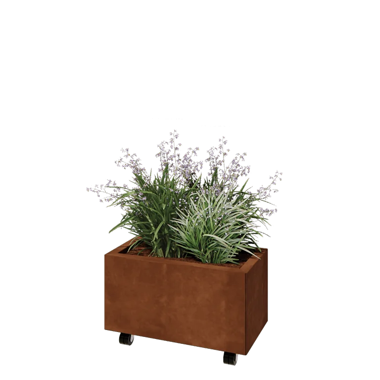 Ζαρντινιέρα από χάλυβα Corten - Ορθογώνιο - 60 x 30 x 30 cm - Με πλάκα βάσης - Με τροχούς