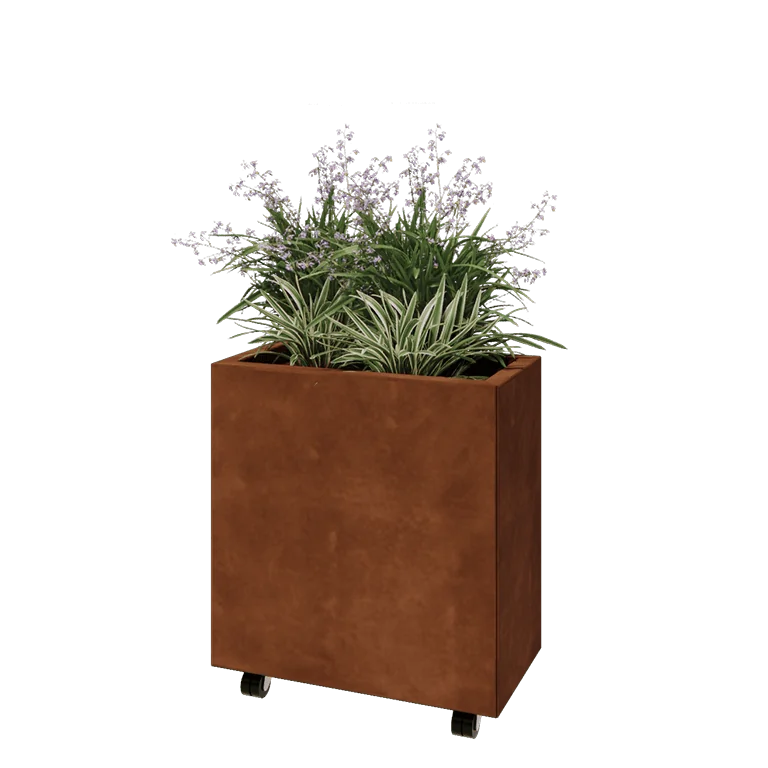 Ζαρντινιέρα από χάλυβα Corten - Ορθογώνιο - 60 x 30 x 60 cm - Με πλάκα βάσης - Με τροχούς