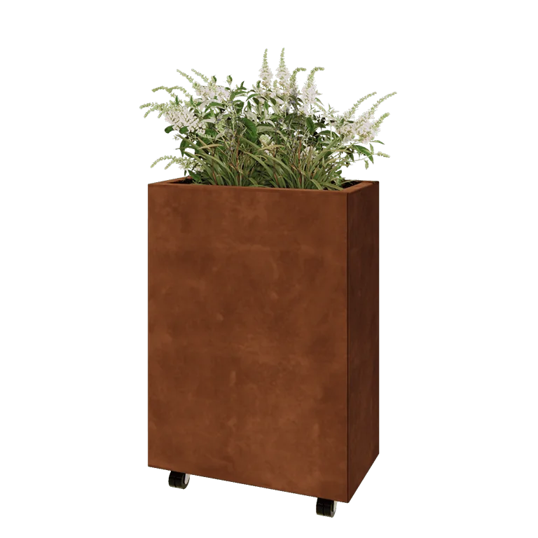 Ζαρντινιέρα από χάλυβα Corten - Ορθογώνιο - 60 x 30 x 80 cm - Με πλάκα βάσης - Με τροχούς