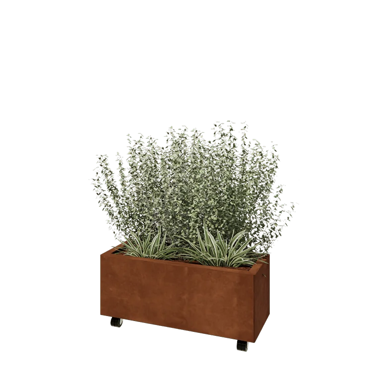 Ζαρντινιέρα από χάλυβα Corten - Ορθογώνιο - 80 x 30 x 30 cm - Με πλάκα βάσης - Με τροχούς
