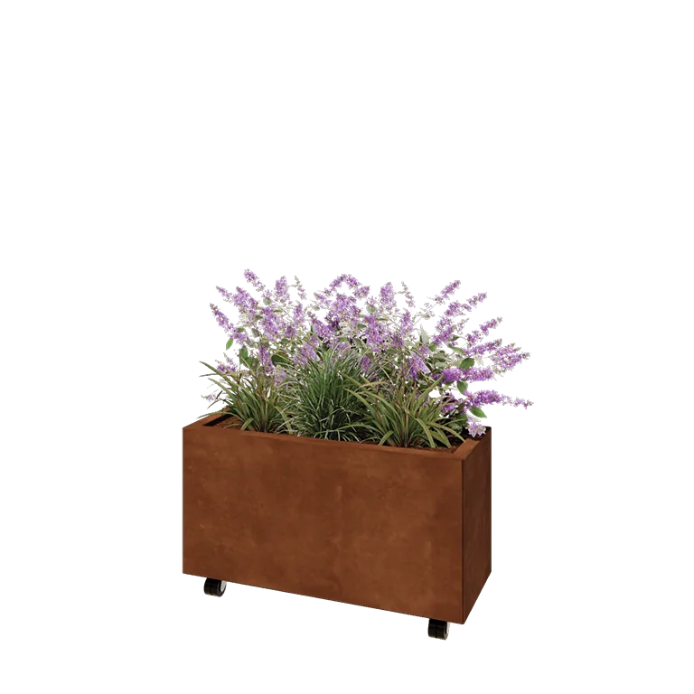 Ζαρντινιέρα από χάλυβα Corten - Ορθογώνιο - 80 x 30 x 40 cm - Με πλάκα βάσης - Με τροχούς