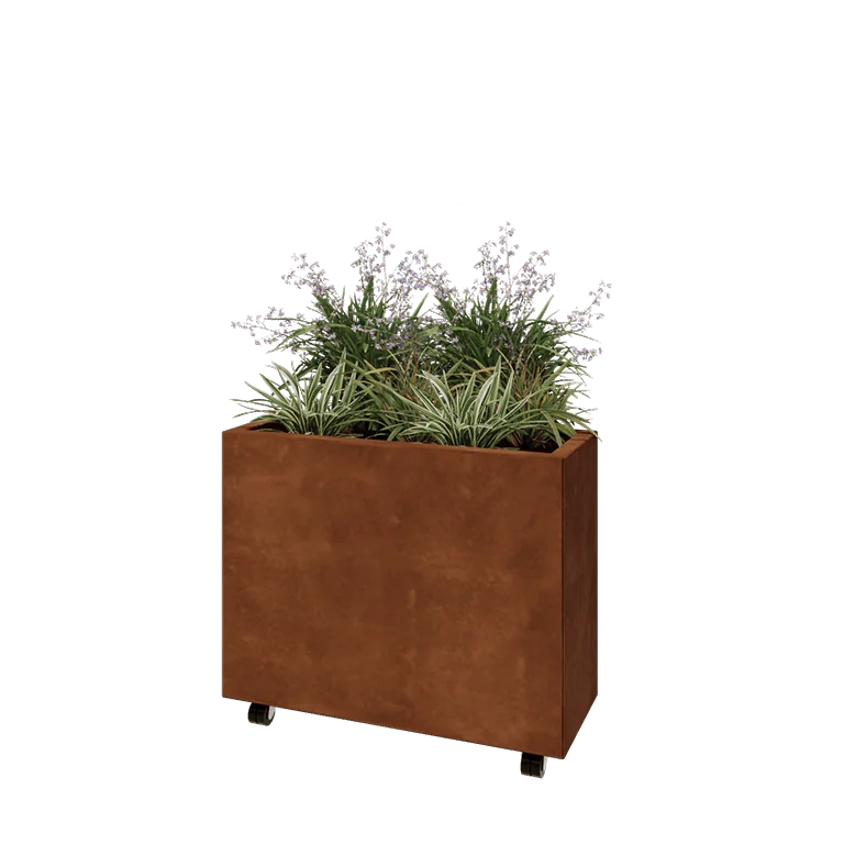 Ζαρντινιέρα από χάλυβα Corten - Ορθογώνιο - 80 x 30 x 60 cm - Με πλάκα βάσης - Με τροχούς