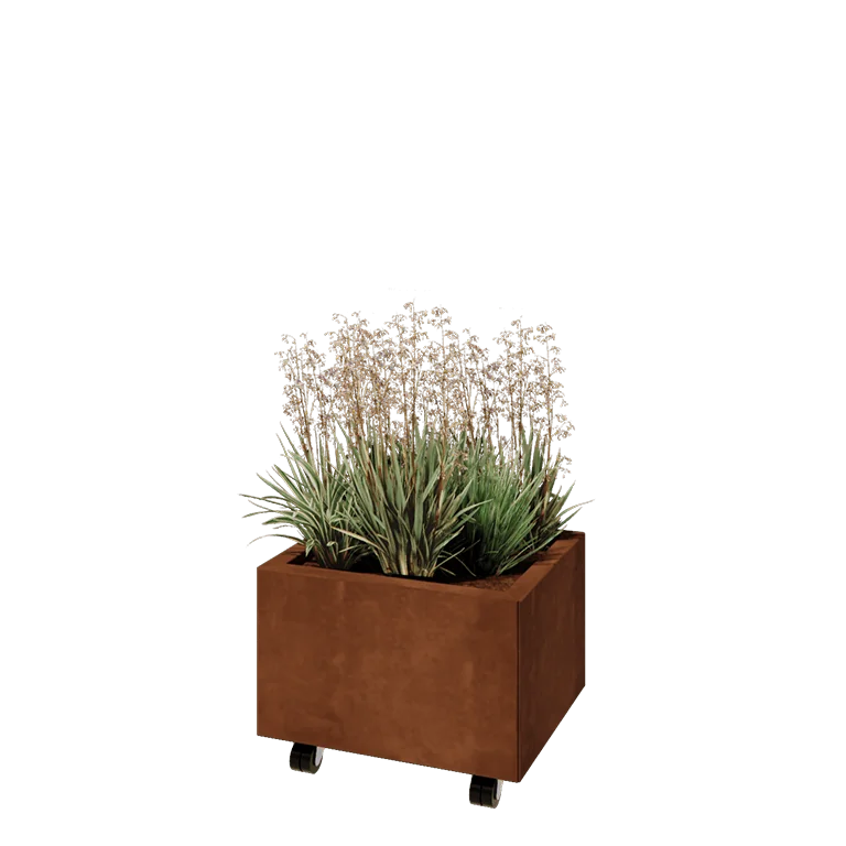 Ζαρντινιέρα από χάλυβα Corten - Ορθογώνιο - 50 x 40 x 30 cm - Με πλάκα βάσης - Με τροχούς