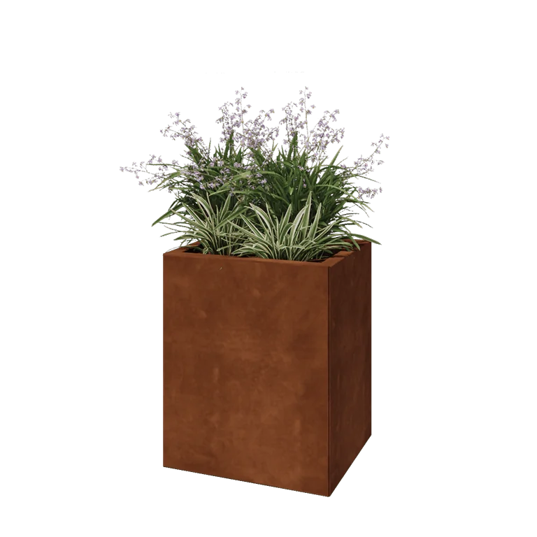 Ζαρντινιέρα από χάλυβα Corten - Ορθογώνιο - 50 x 40 x 60 cm - Με πλάκα βάσης