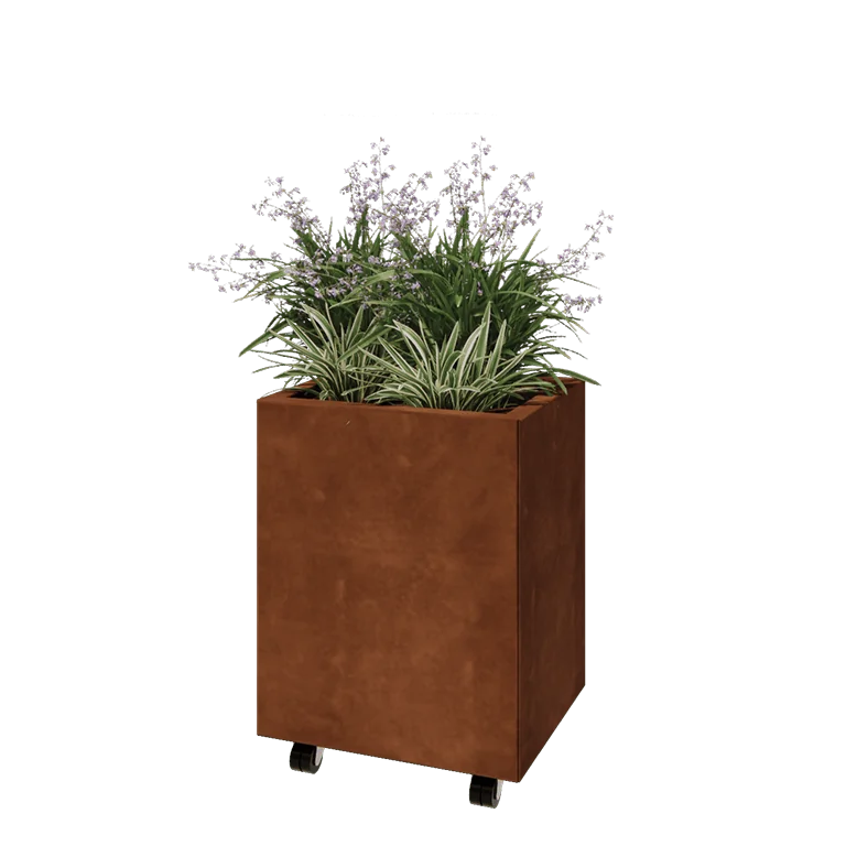 Ζαρντινιέρα από χάλυβα Corten - Ορθογώνιο - 50 x 40 x 60 cm - Με πλάκα βάσης - Με τροχούς