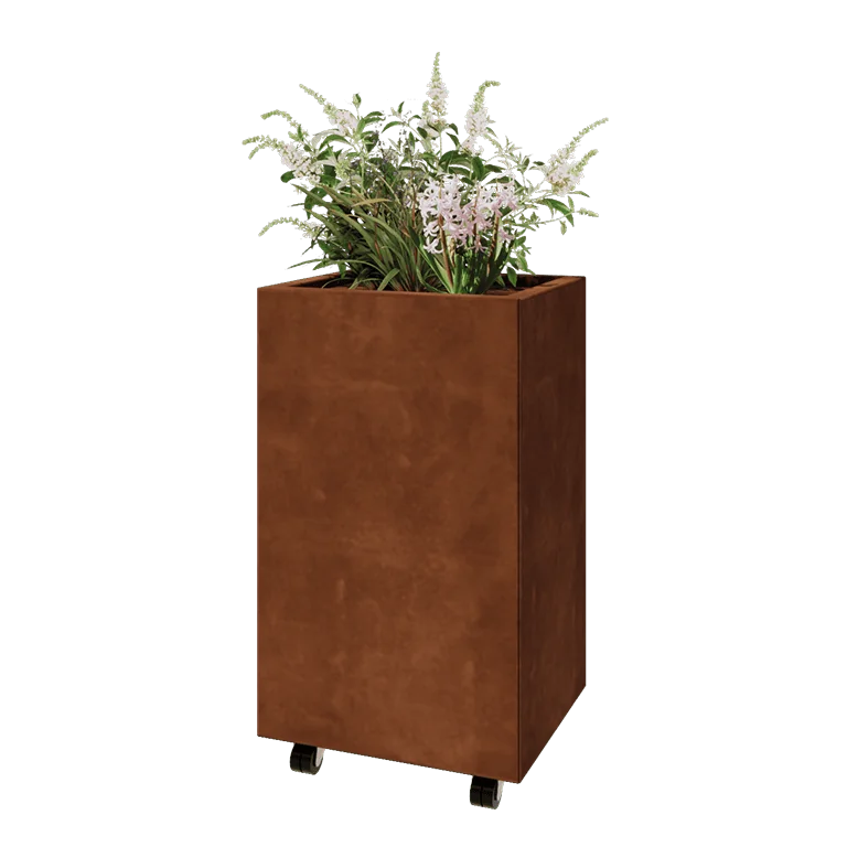 Ζαρντινιέρα από χάλυβα Corten - Ορθογώνιο - 50 x 40 x 80 cm - Με πλάκα βάσης - Με τροχούς