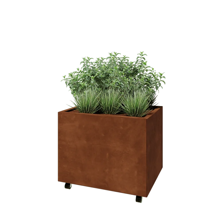 Ζαρντινιέρα από χάλυβα Corten - Ορθογώνιο - 80 x 60 x 60 cm - Με πλάκα βάσης - Με τροχούς
