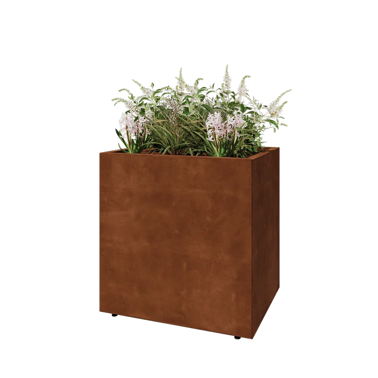 Ζαρντινιέρα από χάλυβα Corten - Ορθογώνιο - 80 x 60 x 80 cm - Με πλάκα βάσης - Με πόδια