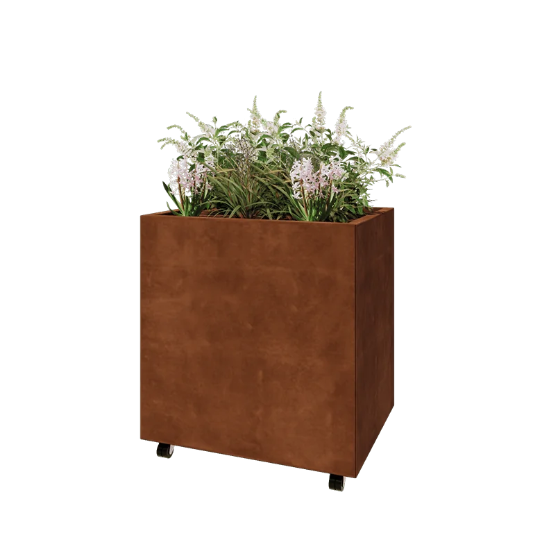 Ζαρντινιέρα από χάλυβα Corten - Ορθογώνιο - 80 x 60 x 80 cm - Με πλάκα βάσης - Με τροχούς