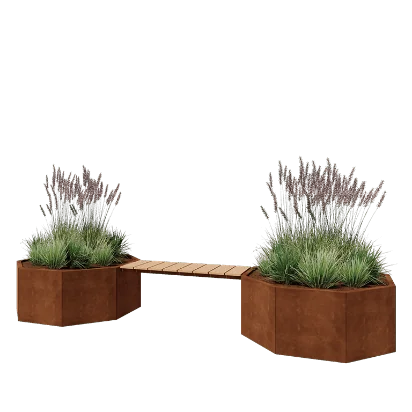 Ζαρντινιέρα από χάλυβα Corten - Οκτάγωνο - 362,6 x 120,7 x 50 cm - Με παγκάκι - Χωρίς πλάκα βάσης