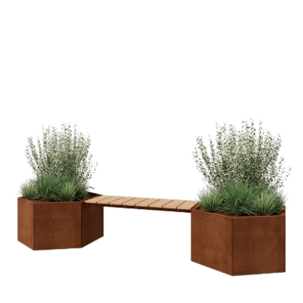 Ζαρντινιέρα από χάλυβα Corten - Εξάγωνο - 294,4 x 99,3 x 50 cm - Με παγκάκι - Χωρίς πλάκα βάσης
