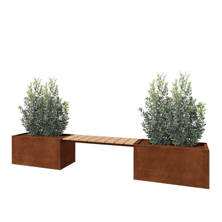 Ζαρντινιέρα από χάλυβα Corten - Ορθογώνιο - 321,2 x 50 x 50 cm - Με παγκάκι - Με πλάκα βάσης