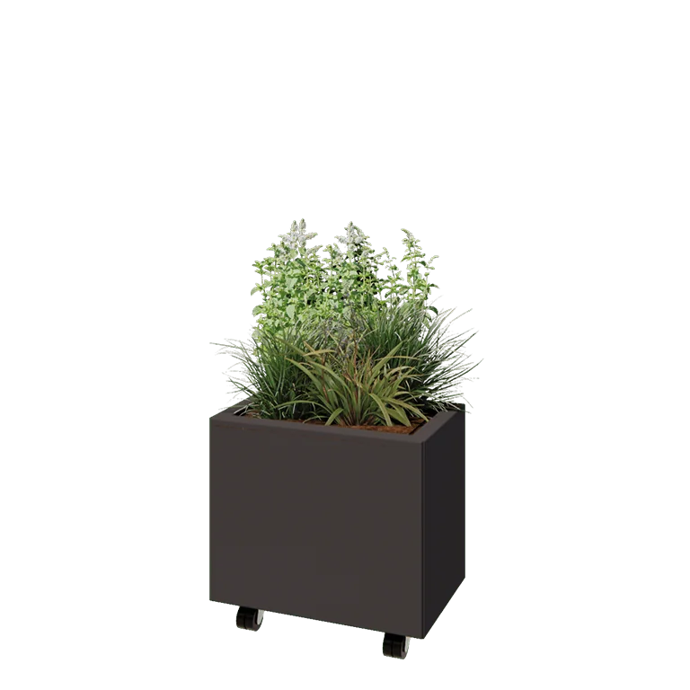 Ζαρντινιέρα από χάλυβα - Ορθογώνιο - 50 x 30 x 40 cm - Άλλο χρώμα RAL - Με πλάκα βάσης - Με τροχούς