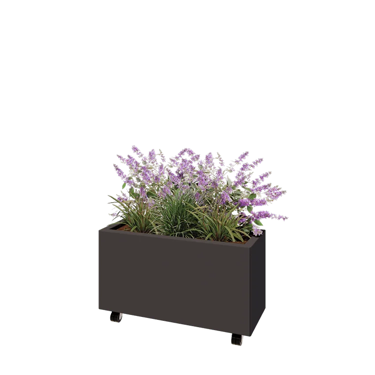 Ζαρντινιέρα από χάλυβα - Ορθογώνιο - 80 x 30 x 40 cm - Άλλο χρώμα RAL - Με πλάκα βάσης - Με τροχούς