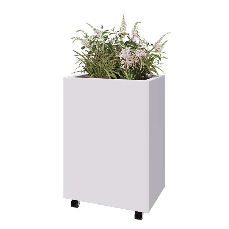 Ζαρντινιέρα από χάλυβα - Ορθογώνιο - 60 x 40 x 80 cm - RAL9010 ματ (λευκό) - Με πλάκα βάσης - Με τροχούς
