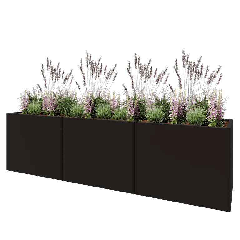 Ζαρντινιέρα XXL από χάλυβα - Ορθογώνιο - 300 x 60 x 80 cm - RAL9005 ματ (μαύρο) - Με πλάκα βάσης
