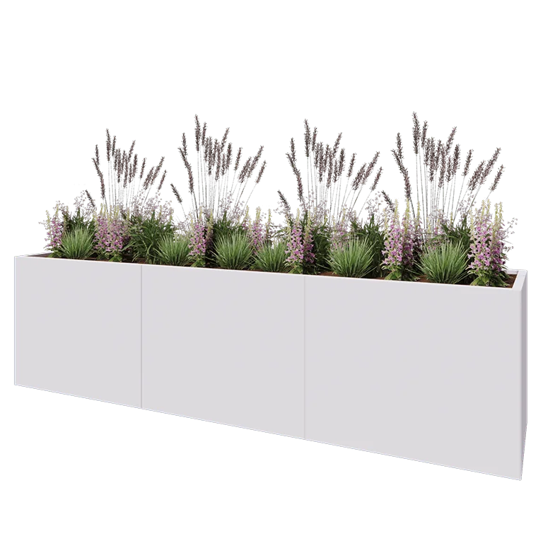 Ζαρντινιέρα XXL από χάλυβα - Ορθογώνιο - 300 x 60 x 80 cm - RAL9010 ματ (λευκό) - Με πλάκα βάσης